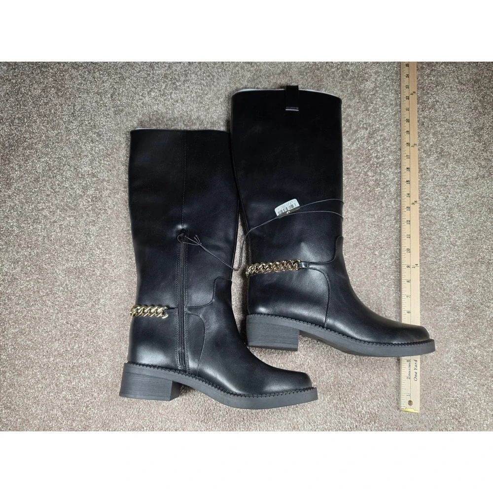A New Day Bobbi Black Tall Boots Gold Chain Detail Womens 8.5 NEW